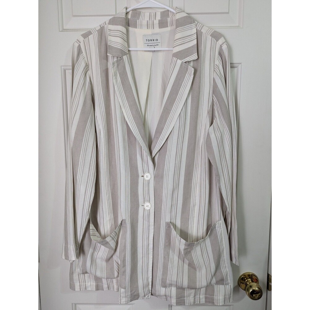 Torrid Blazer Jacket Womens Plus 2X Cream Striped Linen Blend Two Button Coastal